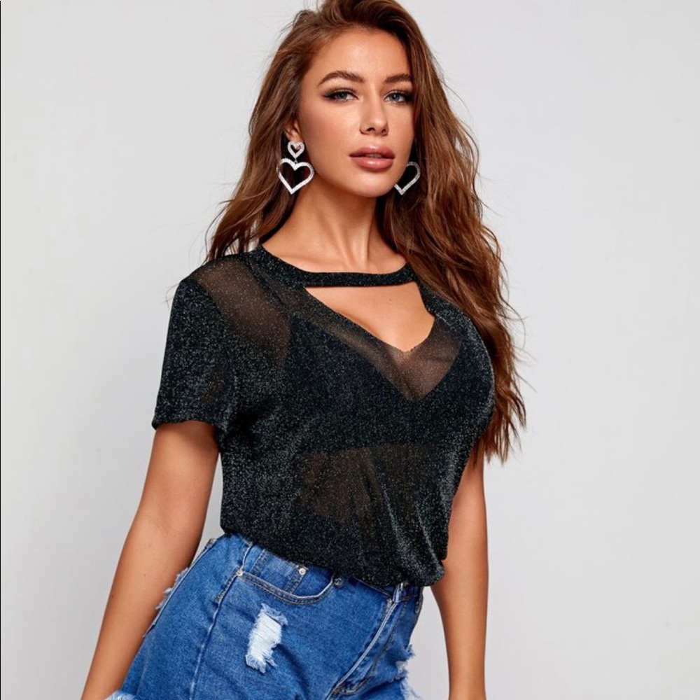 Semi Sheer Keyhole Sparkle Top w/o Bra - Picture 3 of 3